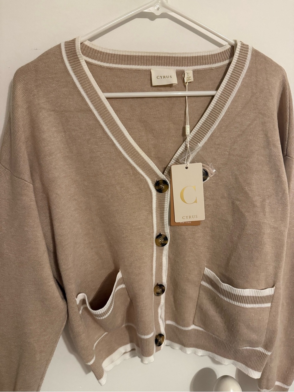 Cyrus Oat Bone Cardigan with White Trim and Tortoiseshell Buttons